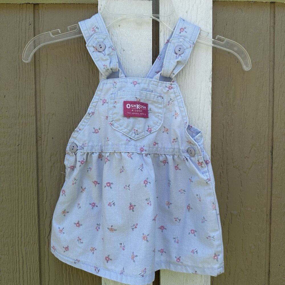 Vintage OshKosh B’Gosh Jumper Dress Blue Pink Floral Bow Girl’s Size 18 Months